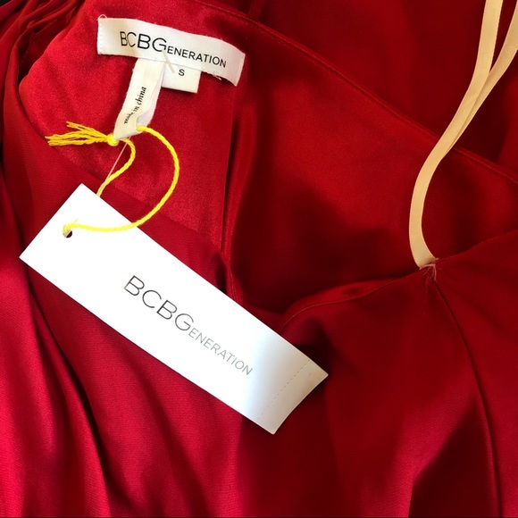 NWT $98~BCBG Generation~Red One-Shoulder Strappy Draped Ruffle Faux Wrap Dress~S - Picture 4 of 10